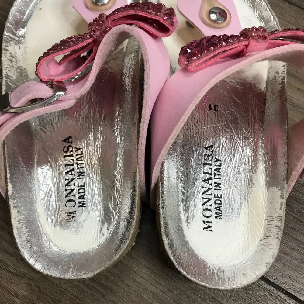 Monnalisa Pink Leather Crystal, Jewel Bow‎ Sandals Cork Little Girls 13 Italy